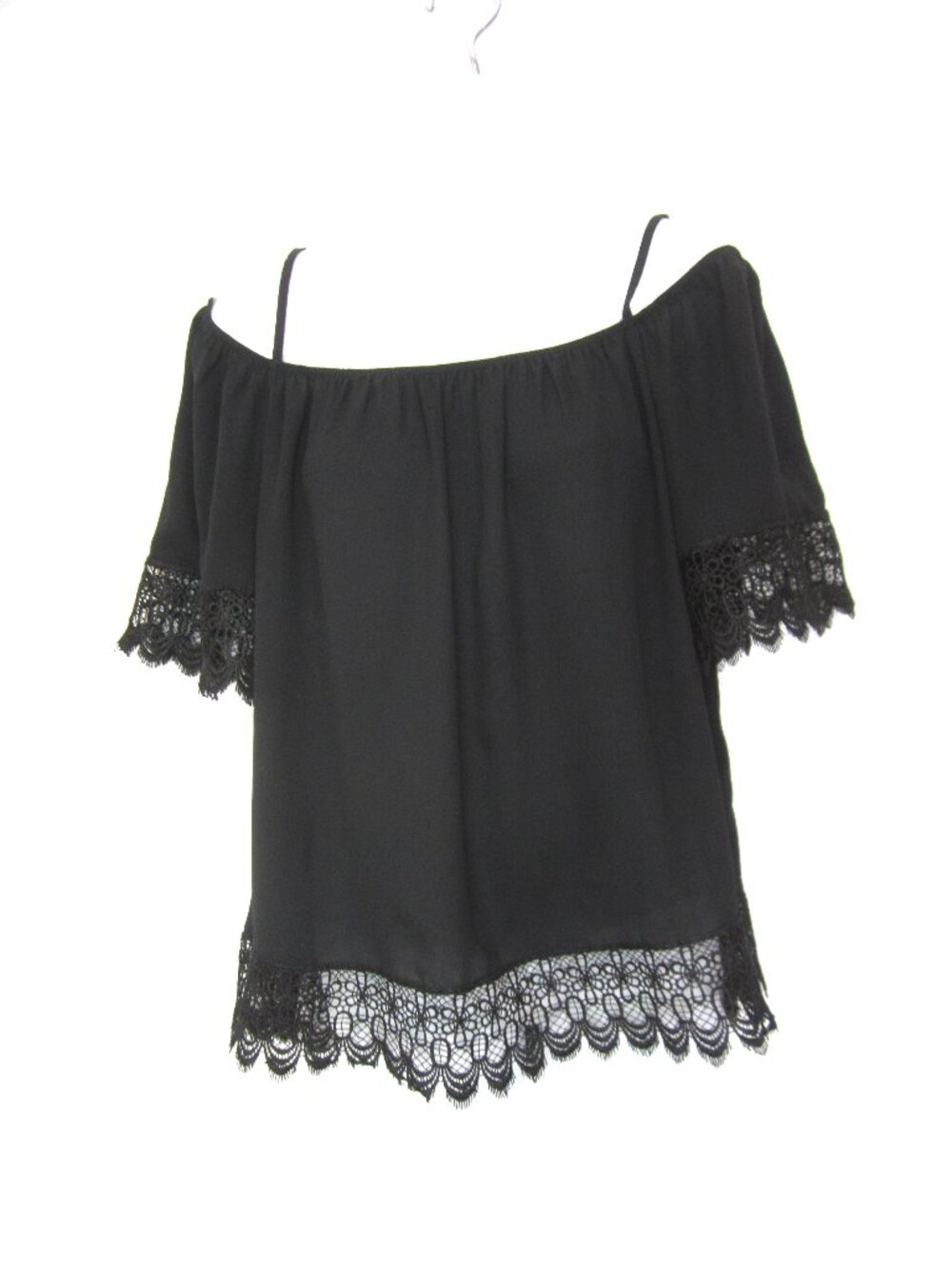Calypso Size S Womens Solid Black Off Shoulder Crepe Blouse Wide Lace